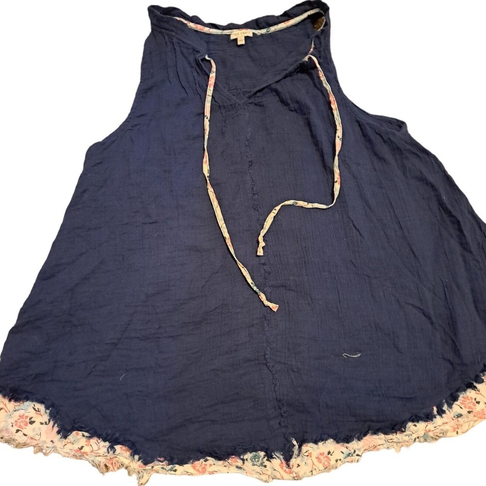 TRUE Craft Womens Gauze Linen Top Sz L Keyhole Tie Neck Blue Boho